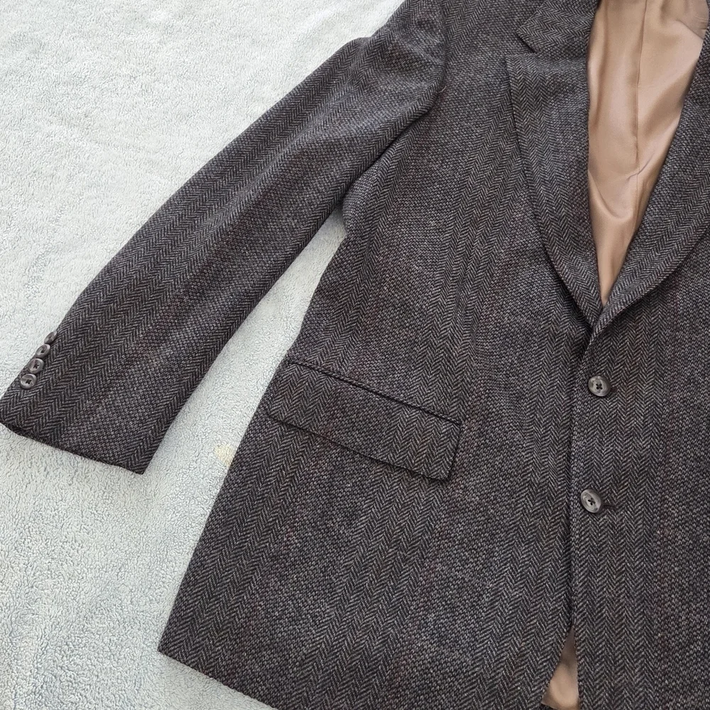 VTG Tweed Jacket L Grey Herringbone 100% Wool Blazer 44R Made in USA Sport Coat